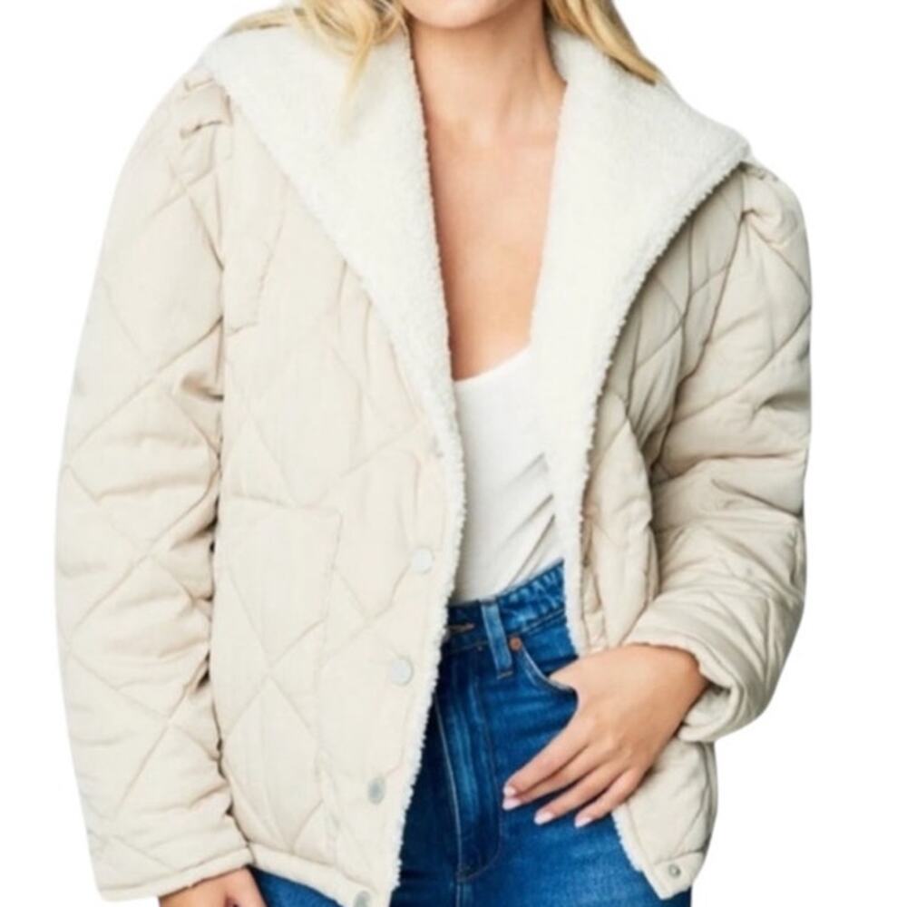 Blank NYC Size XL Faux Fur Trim Snap Front Quilted Puffer Jacket Cream Cozy NWT